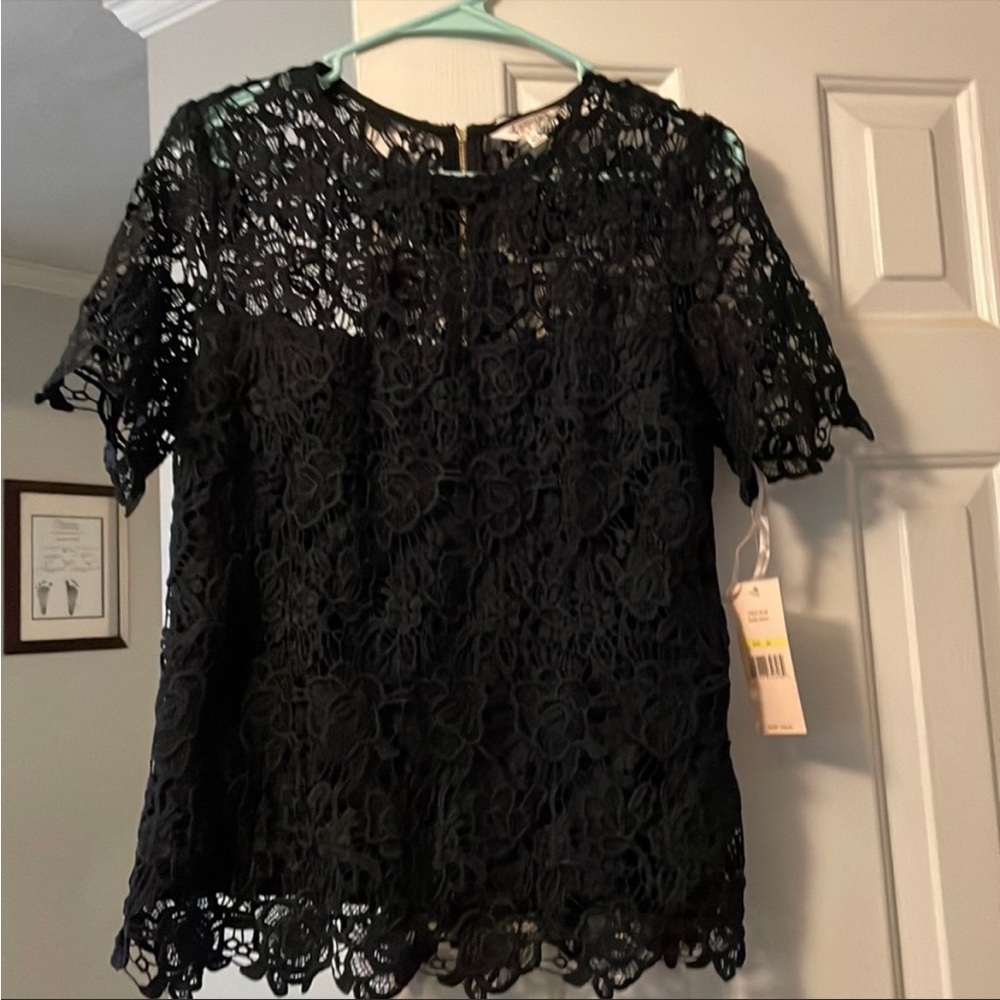 Anthropologie Nanette Lepore Embroidered Crochet Laced Dark Navy Shirt - Picture 7 of 8